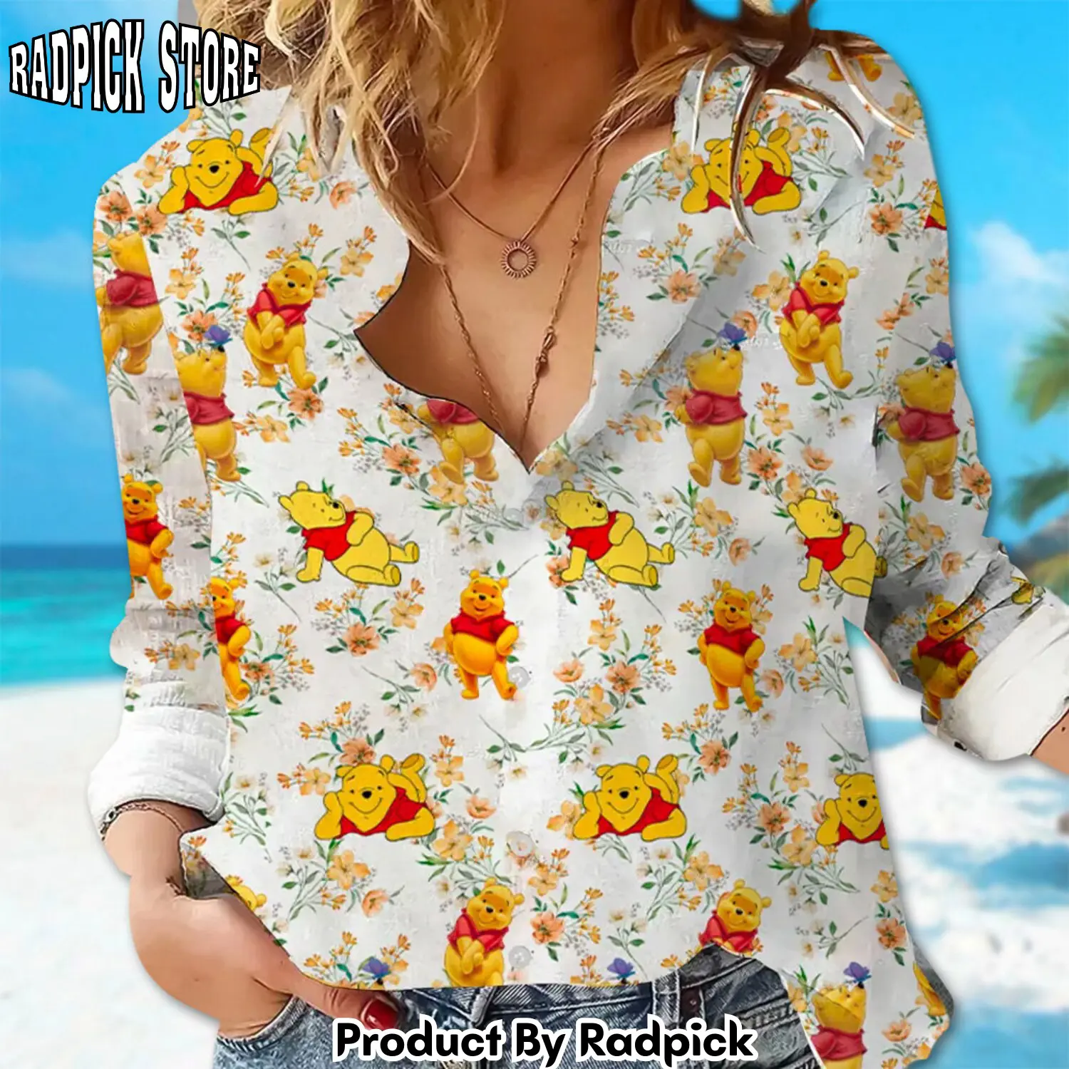 Radpick winnie the pooh women casual shirt pooh linen shirt honey pooh bear linen button tee cartoon women blouses shirt magic kingdom g rp6626